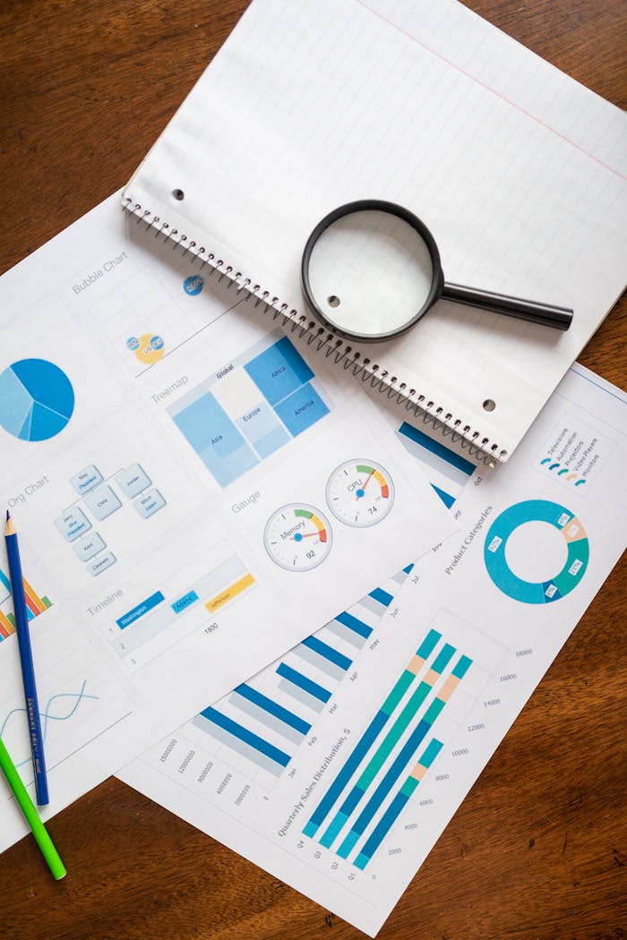 our-services-3 A set of financial charts and graphs with a magnifying glass, perfect for business reports.